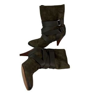 Mea Shadow Cassandra Suede Leather Harness Strap Kitten Heel Green Bootie Sz 8M